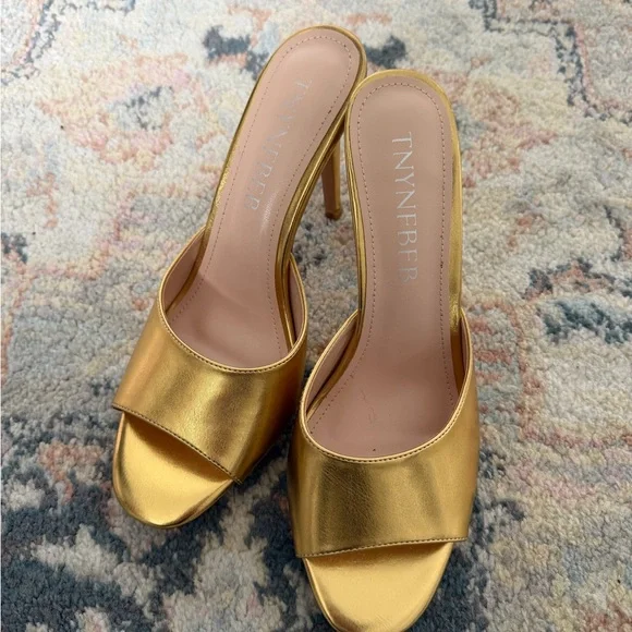 Gold Metallic Open-Toe Mule Heels - Picture 3 of 3